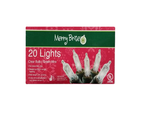 Merry Brite 20 Lights Clear Bulb Green Wire 5 FT
