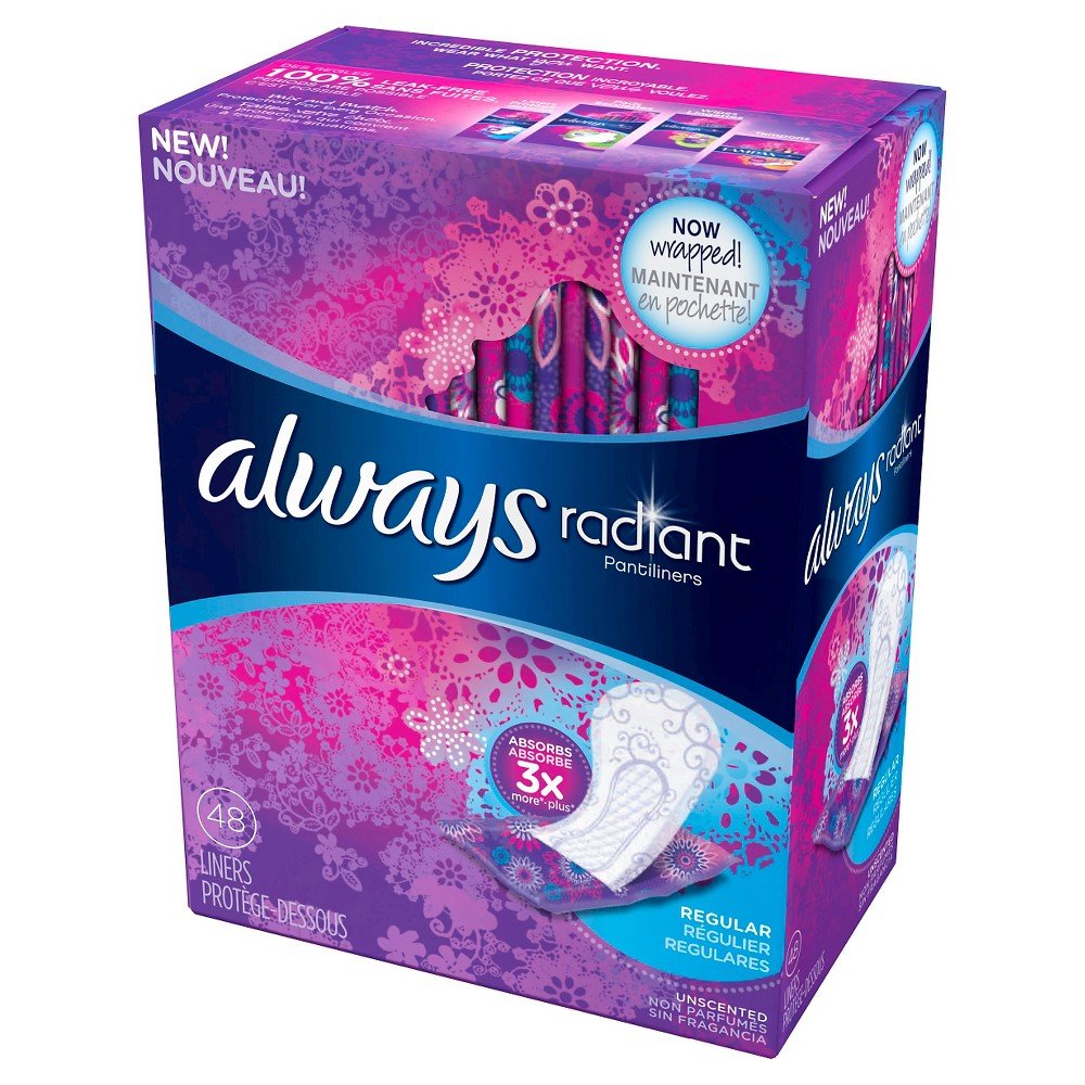 Always Radiant Pantiliners Regular Wrapped Unscented 48 ct